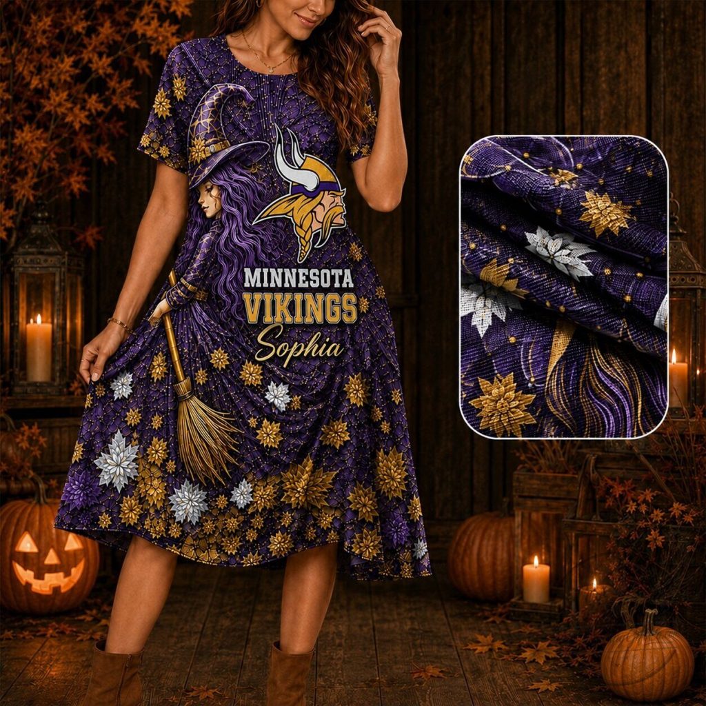 Minnesota Vikings Halloween Witch Floral Short Sleeve Dress for Women Minnesota Vikings Halloween Witch Floral Short Sleeve Dress for Women