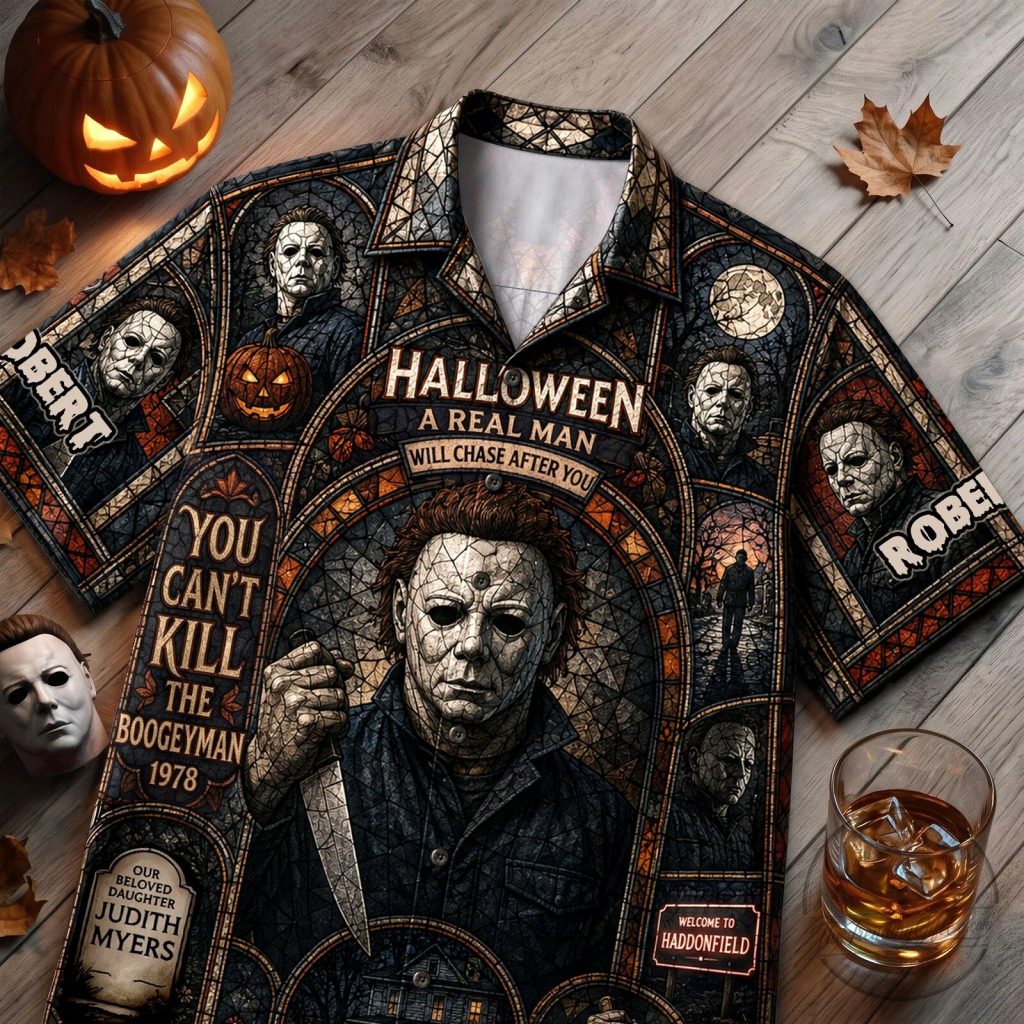 Michael Myers Halloween Stained Glass Horror Movie Hawaiian Shirt Michael Myers Halloween Stained Glass Horror Movie Hawaiian Shirt