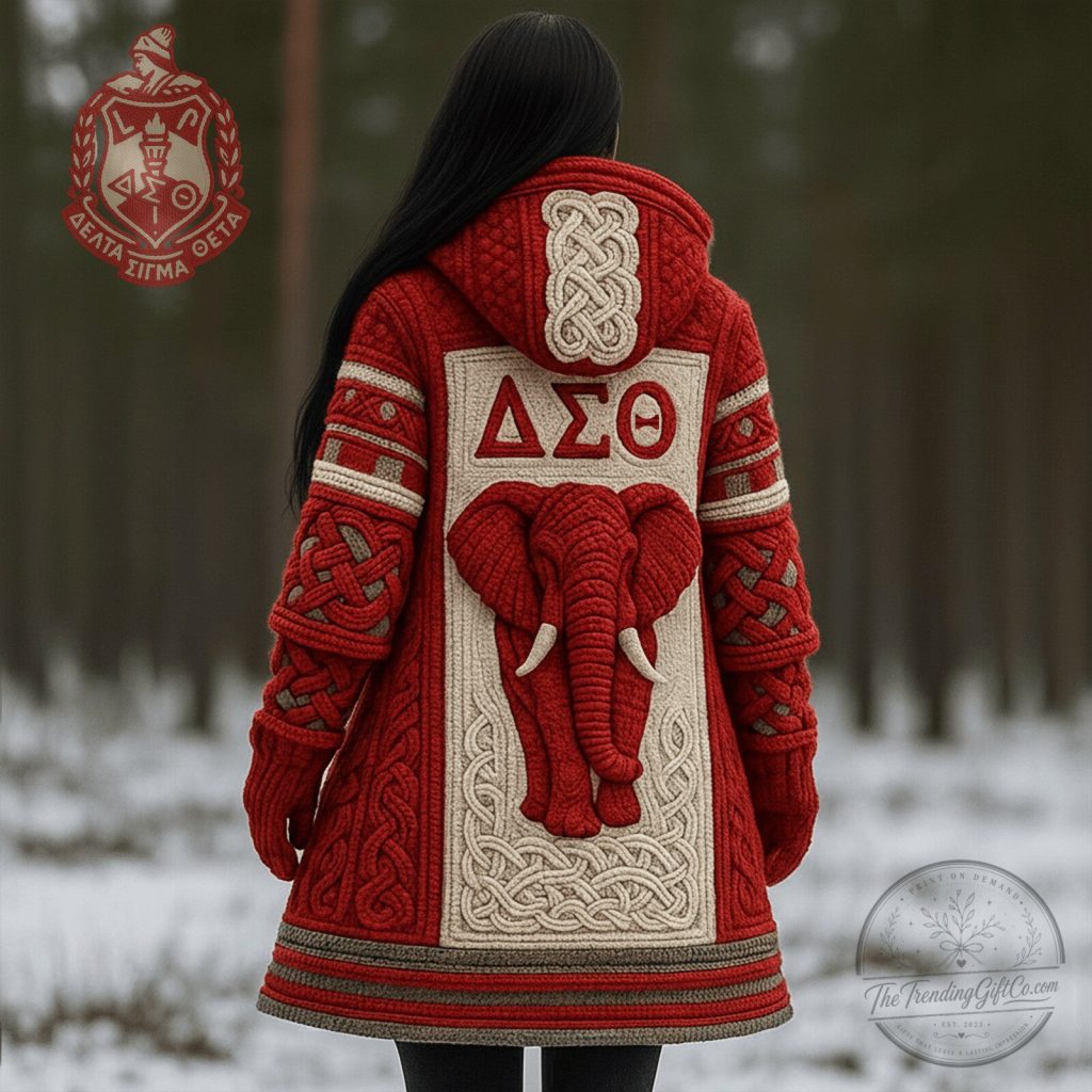 Delta Sigma Theta Elephant Red Chunky Knit Hooded Cardigan Delta Sigma Theta Elephant Red Chunky Knit Hooded Cardigan