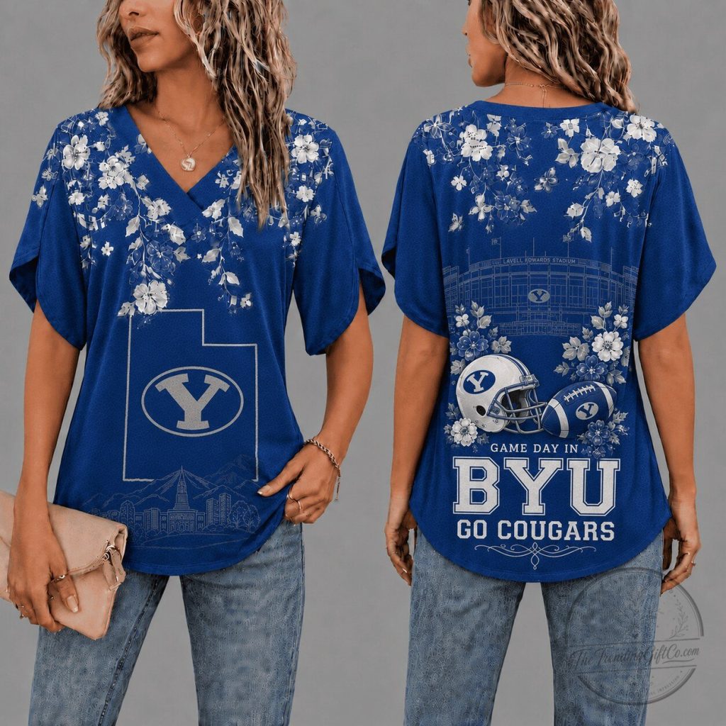 Brigham Young University Cougars Gameday Floral Petal Sleeve V-Neck T-Shirt Brigham Young University Cougars Gameday Floral Petal Sleeve V-Neck T-Shirt