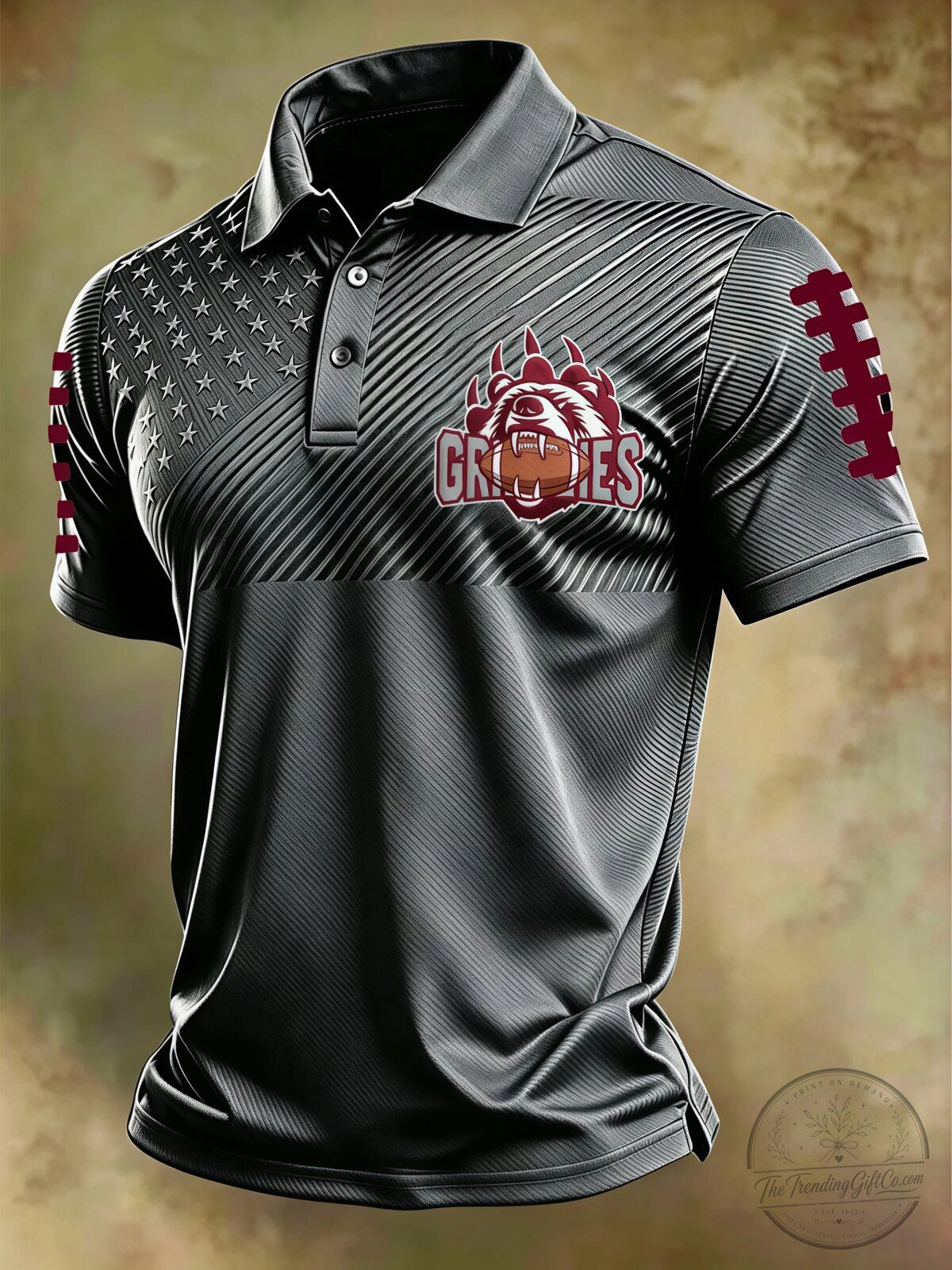 Grizzlies American Football Team Maroon Polo Shirt with Stars and Stripes 3 Grizzlies American Football Team Maroon Polo Shirt with Stars and Stripes