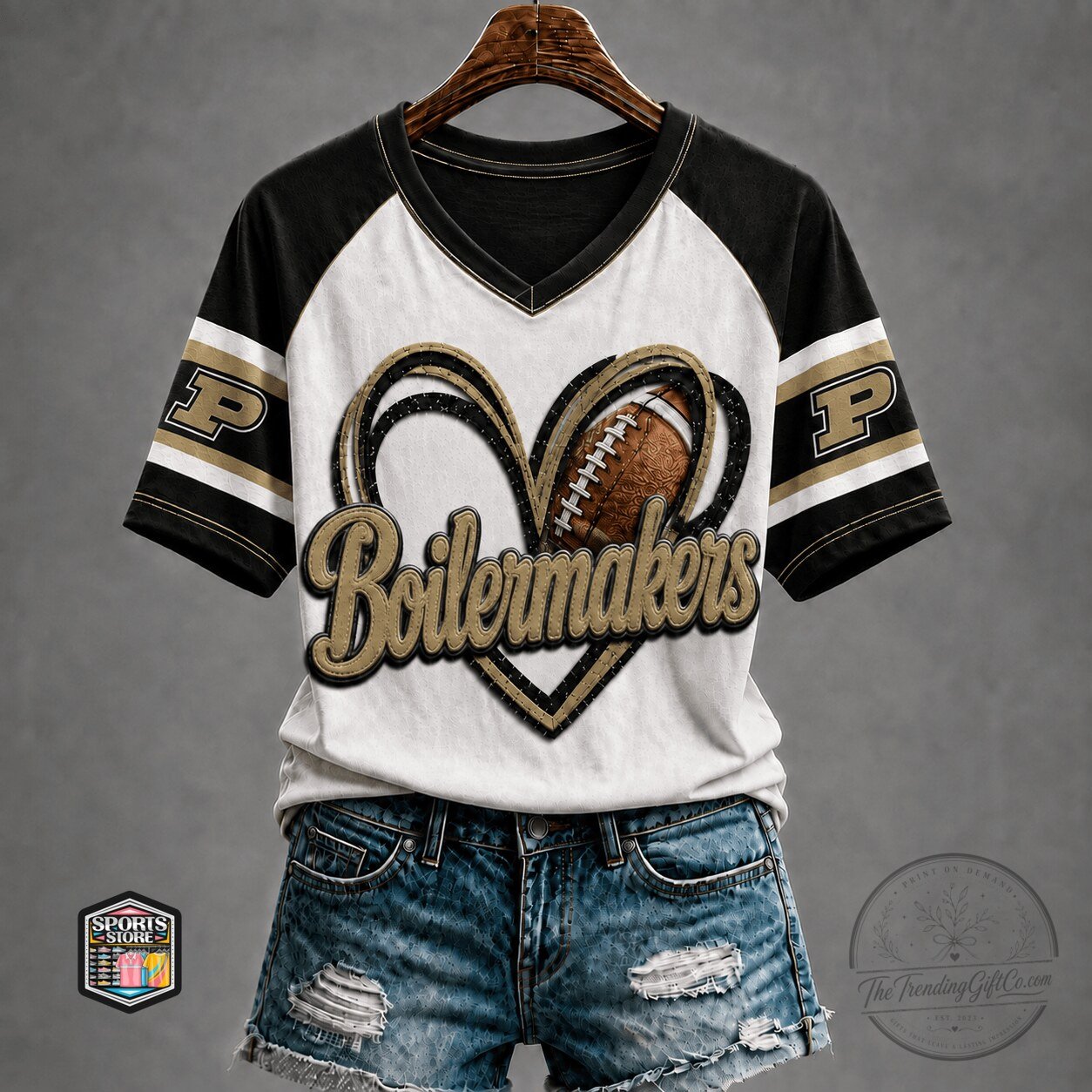 Purdue Boilermakers Football Heart Logo V-Neck Raglan Sleeve T-Shirt