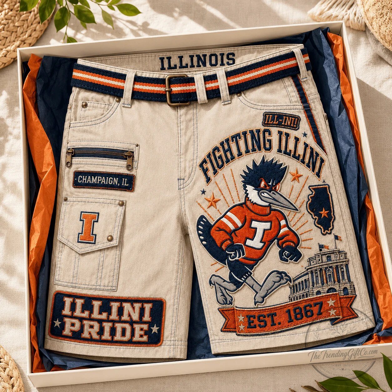 Illinois Fighting Illini Mascot College Football Team Khaki Shorts 4 Illinois Fighting Illini Mascot College Football Team Khaki Shorts
