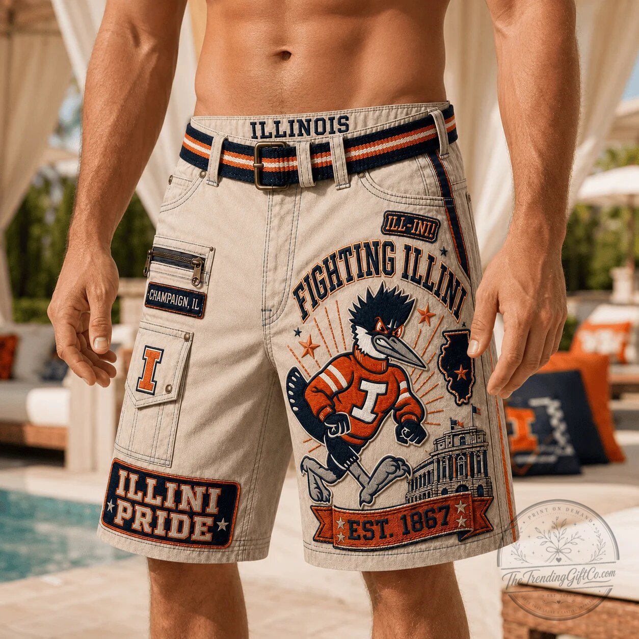 Illinois Fighting Illini Mascot College Football Team Khaki Shorts 5 Illinois Fighting Illini Mascot College Football Team Khaki Shorts