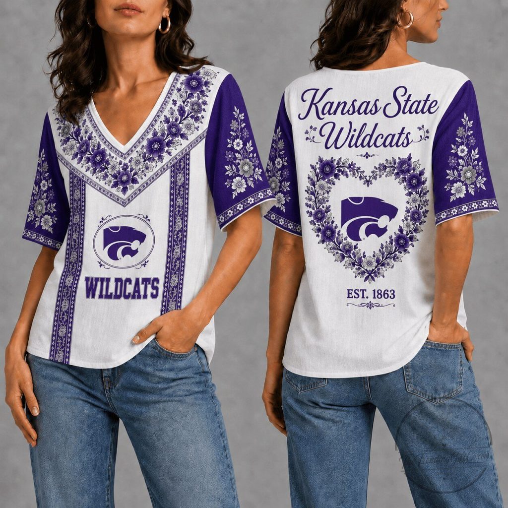 Kansas State Wildcats Floral Pattern V-Neck Short Sleeve T-Shirt Kansas State Wildcats Floral Pattern V-Neck Short Sleeve T-Shirt