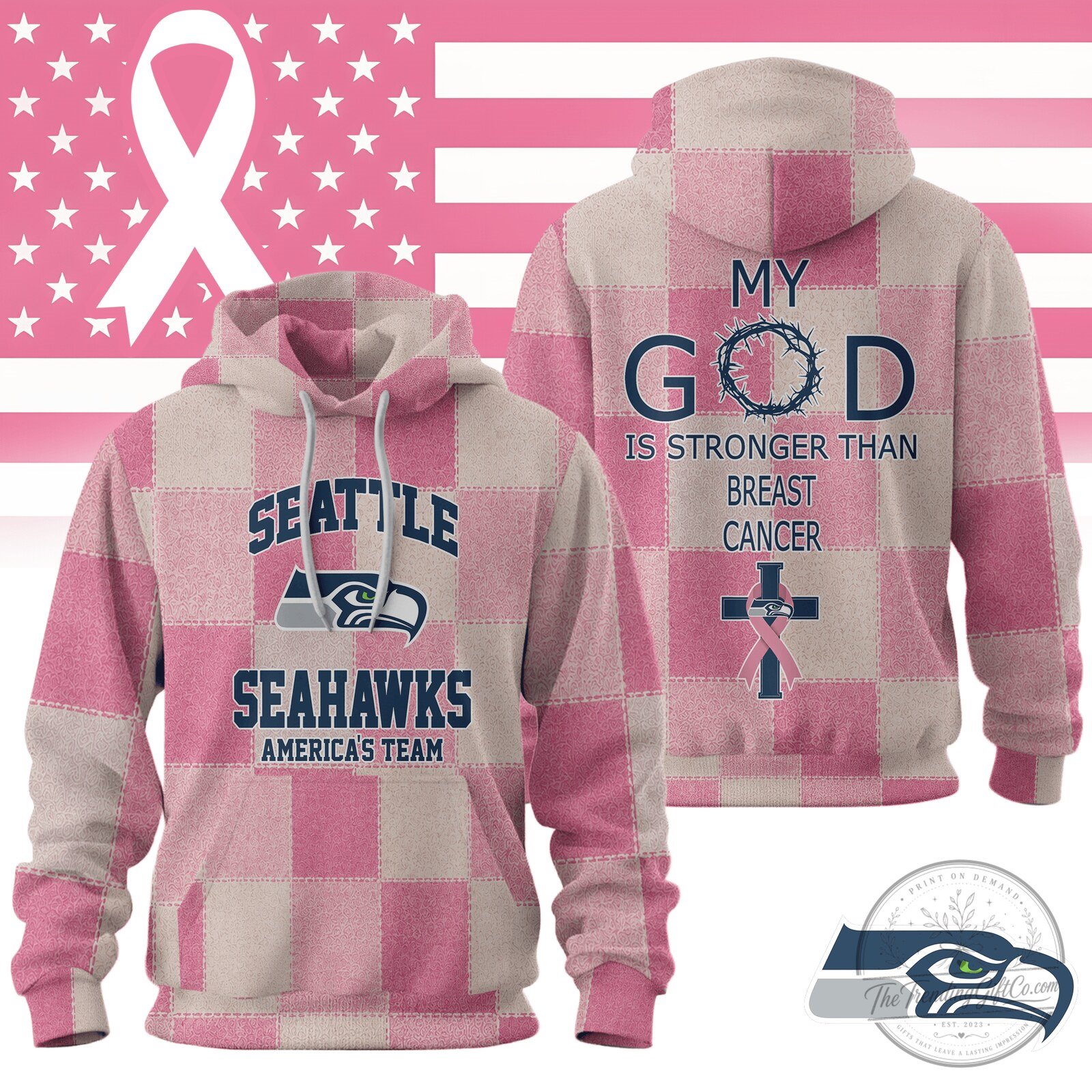Seattle Seahawks Breast Cancer Awareness Pink Ribbon Plaid Hoodie for Women