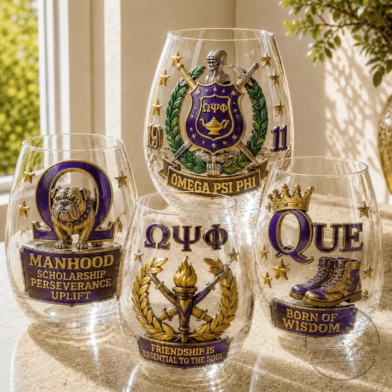 Stemless Wine Glass Set for Omega Psi Phi Fraternity