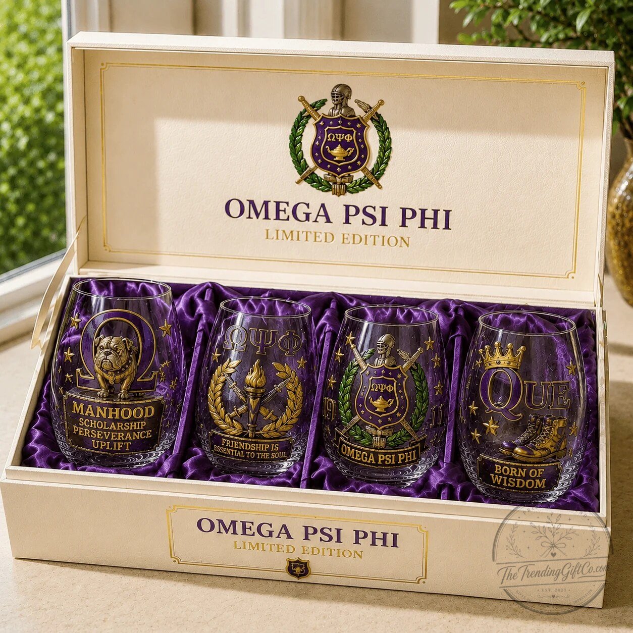 Stemless Wine Glass Set for Omega Psi Phi Fraternity