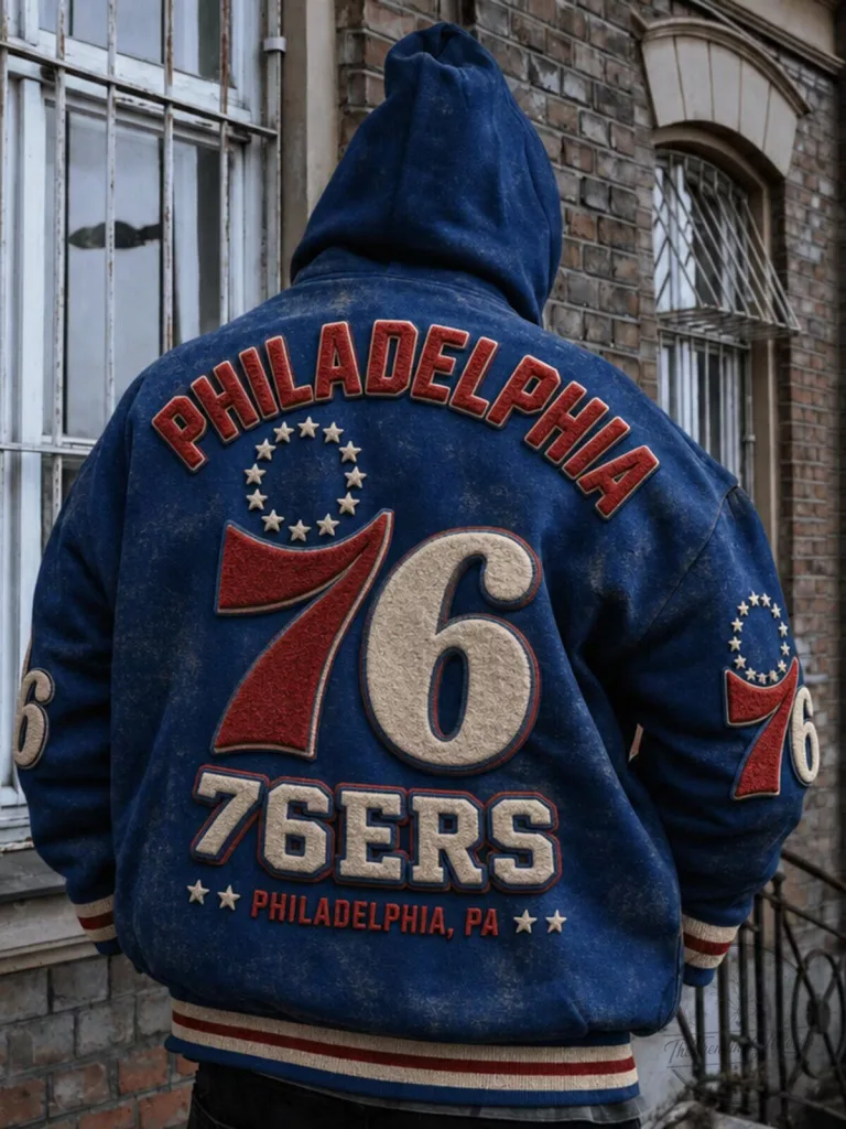 Philadelphia 76ers Vintage Distressed Logo Blue Bomber Jacket