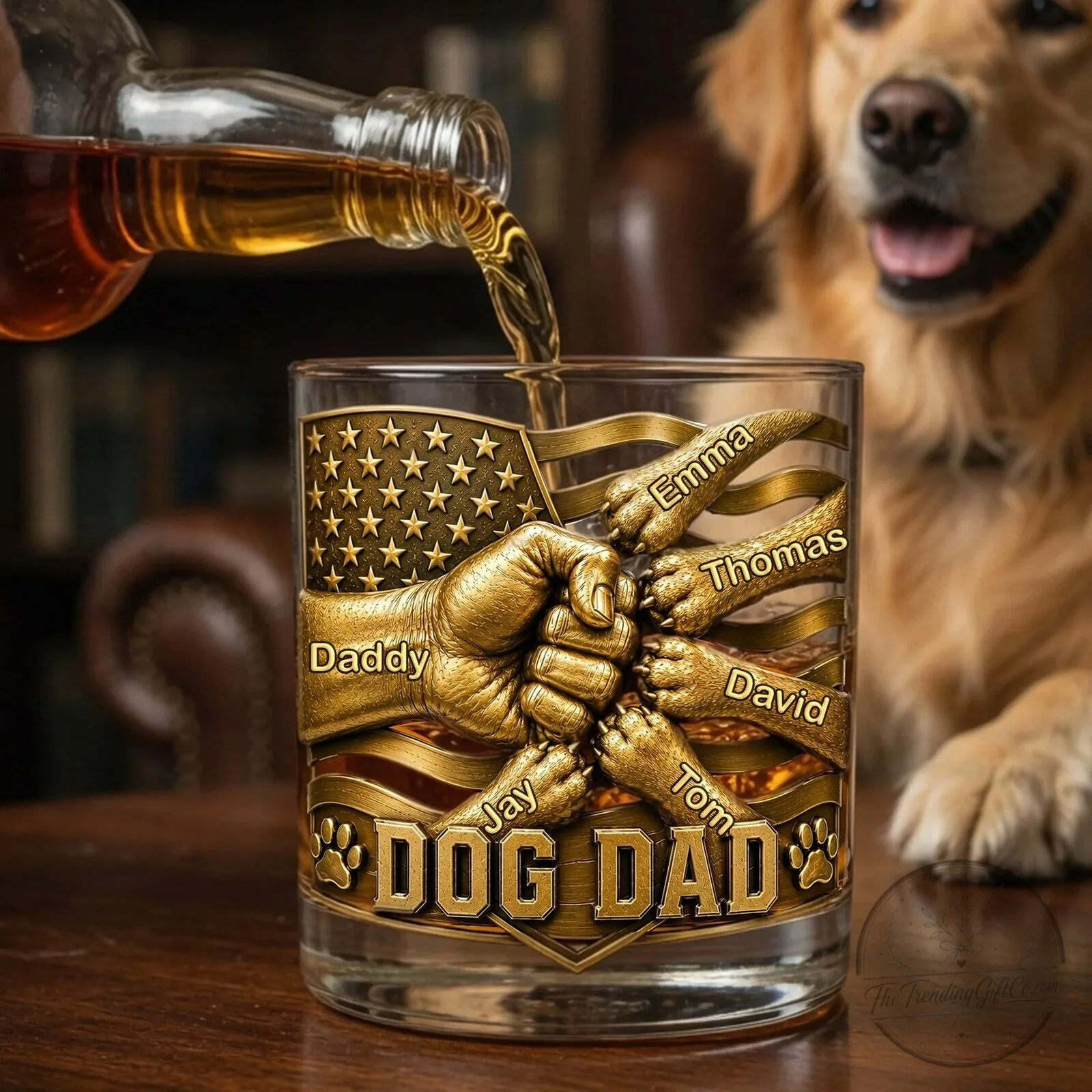 Personalized Dog Dad Fists and Paws American Flag Whiskey Glass