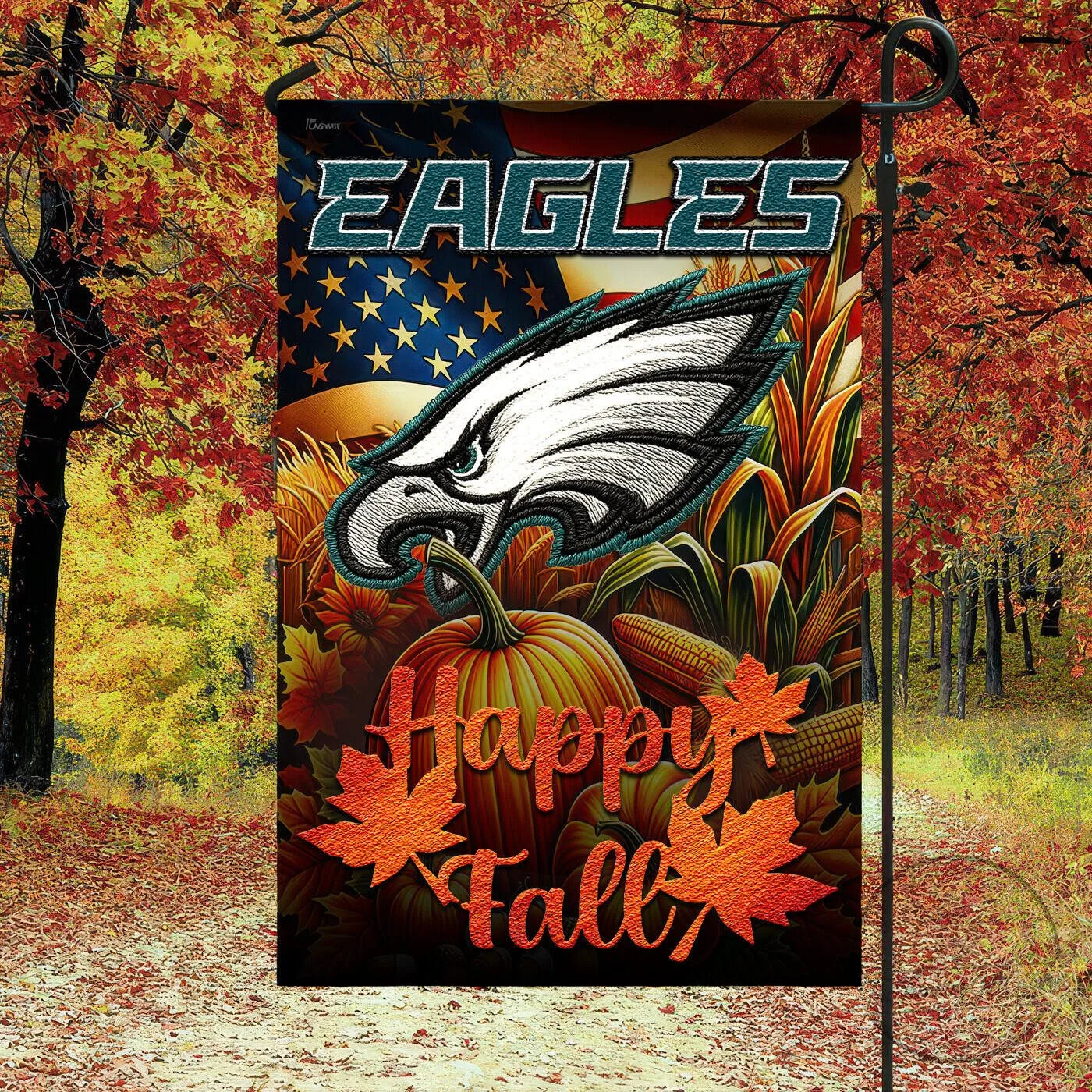 Philadelphia Eagles American Flag Happy Fall Autumn Harvest Garden Flag