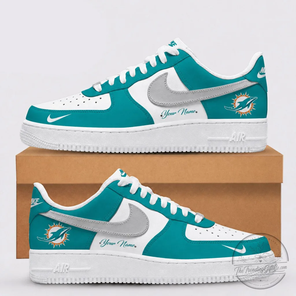 Miami Dolphins Custom Name Air Force 1 Style White and Aqua Sneakers Miami Dolphins Custom Name Air Force 1 Style White and Aqua Sneakers