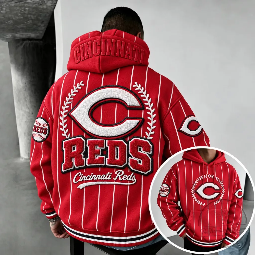 Cincinnati Reds Baseball Team Logo Pinstripe Pullover Hoodie Cincinnati Reds Baseball Team Logo Pinstripe Pullover Hoodie
