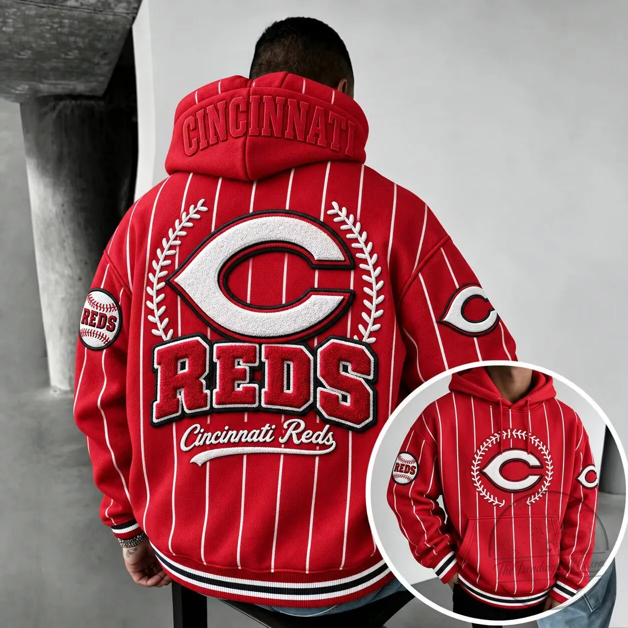 Cincinnati Reds Baseball Team Logo Pinstripe Pullover Hoodie 1 Cincinnati Reds Baseball Team Logo Pinstripe Pullover Hoodie