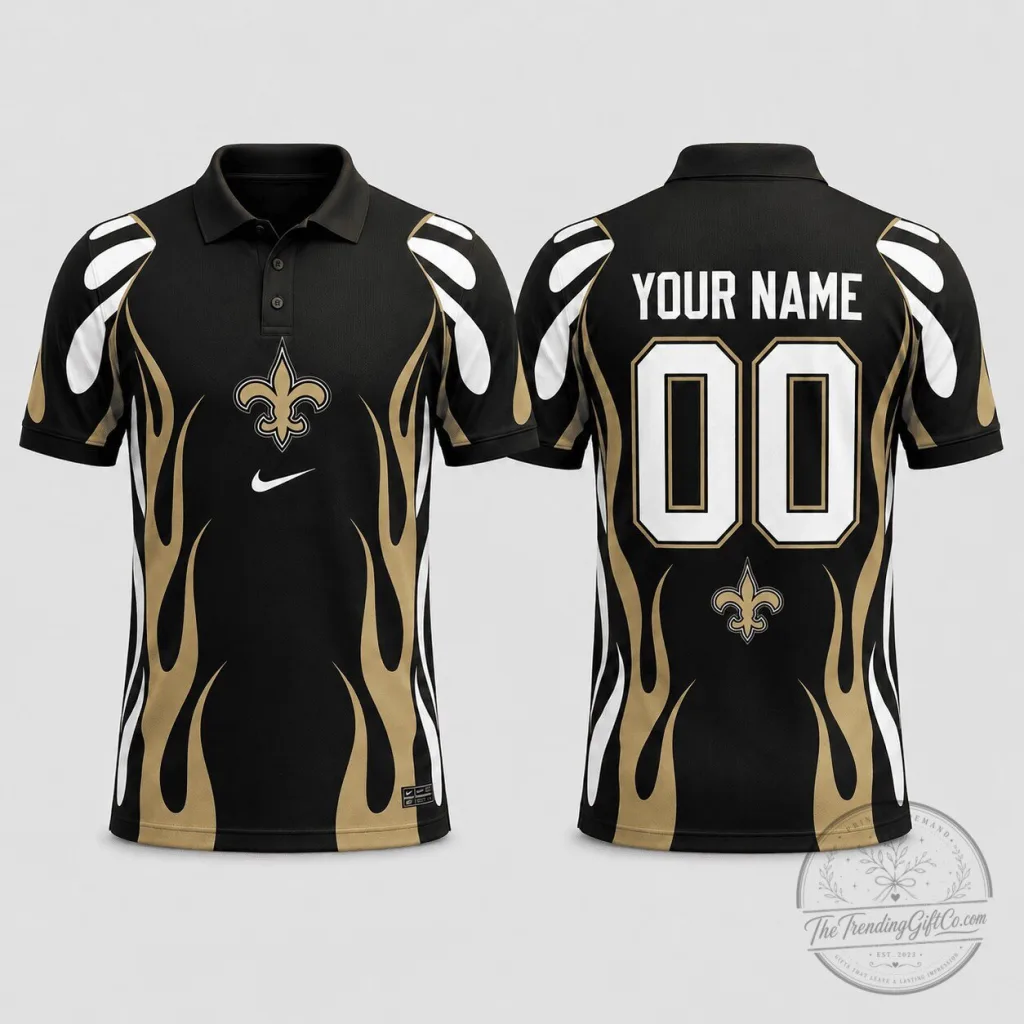 New Orleans Saints NFL Football Team Black and Gold Flames Performance Polo Shirt New Orleans Saints NFL Football Team Black and Gold Flames Performance Polo Shirt
