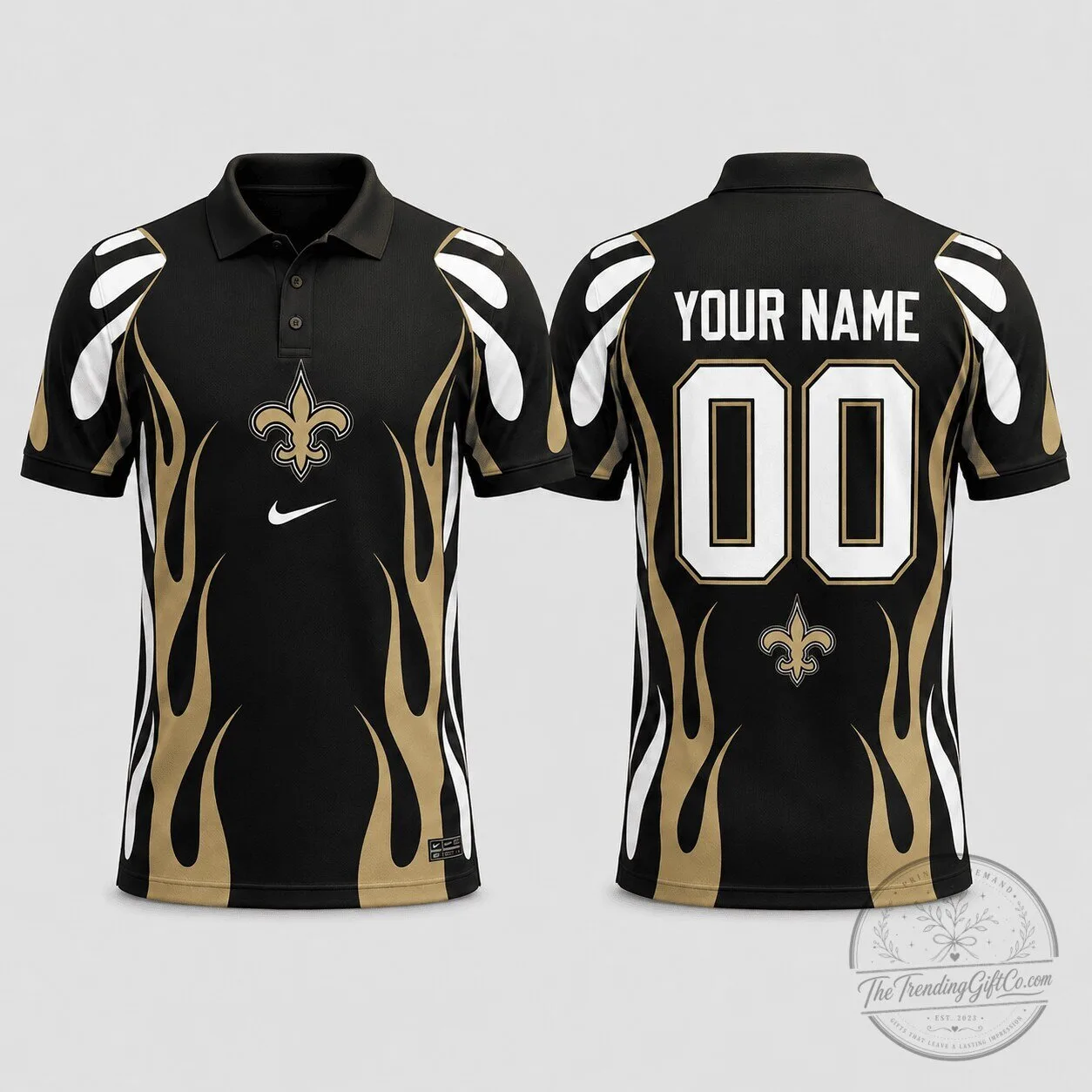 New Orleans Saints NFL Football Team Black and Gold Flames Performance Polo Shirt