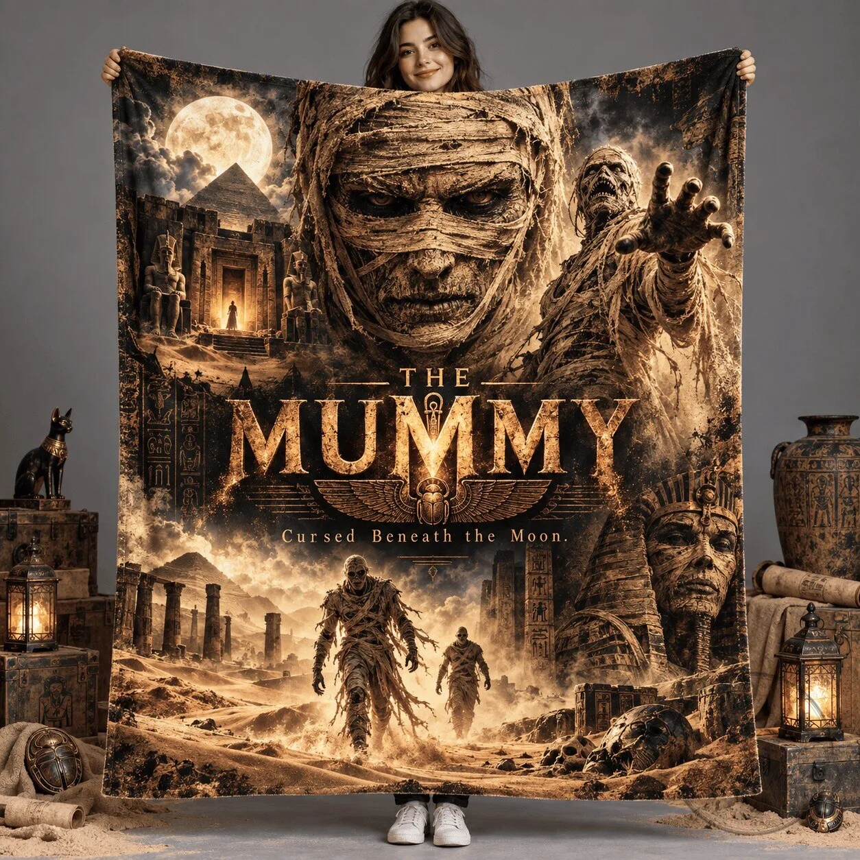 Fleece Blanket Featuring The Mummy Cursed Beneath The Moon Movie Poster