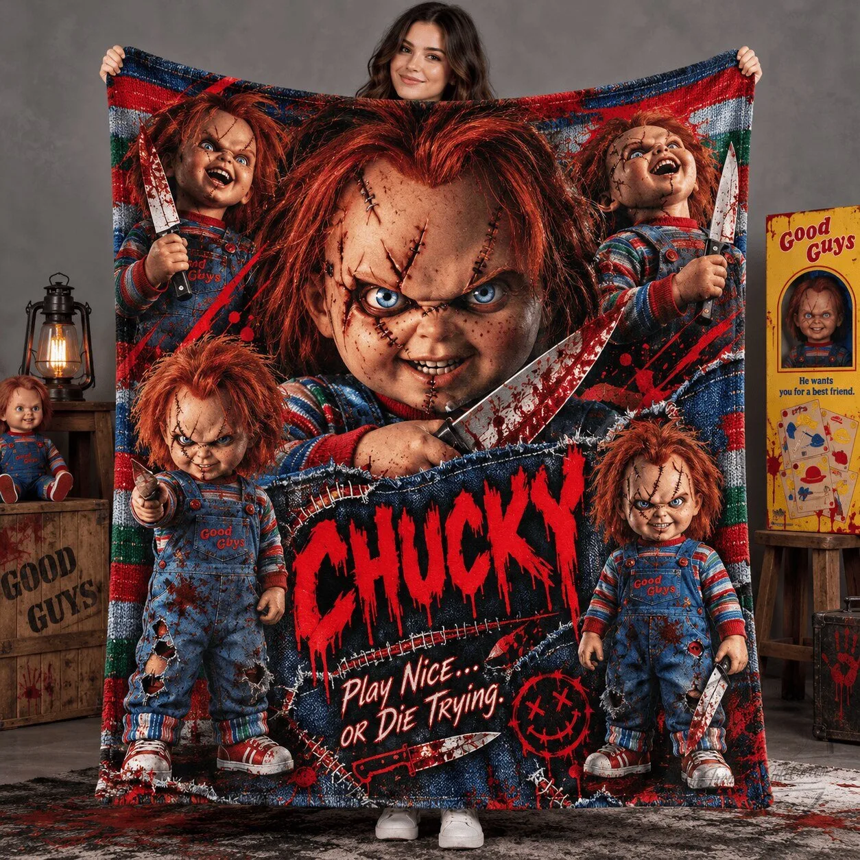 Chucky Play Nice Or Die Trying Horror Movie Fleece Blanket