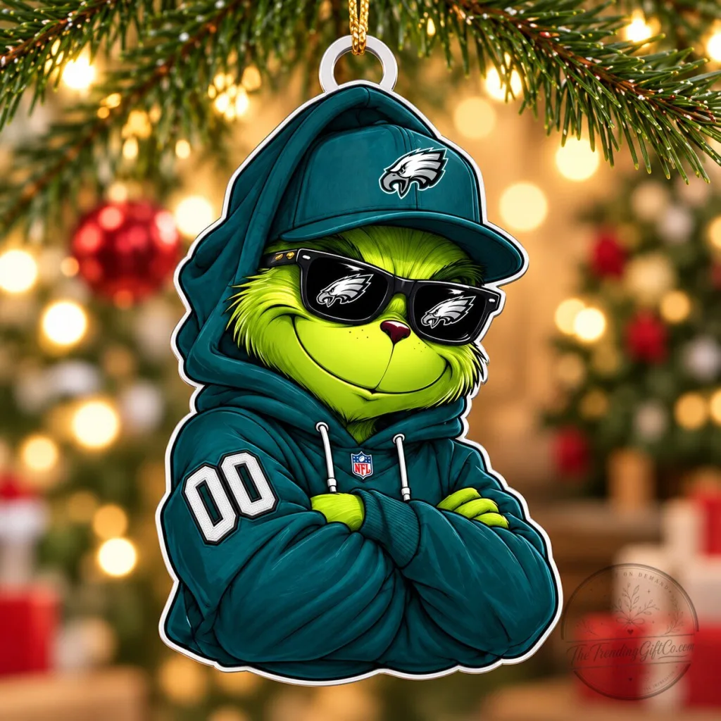Philadelphia Eagles Fan Grinch Christmas Tree Ornament with Custom Number Philadelphia Eagles Fan Grinch Christmas Tree Ornament with Custom Number