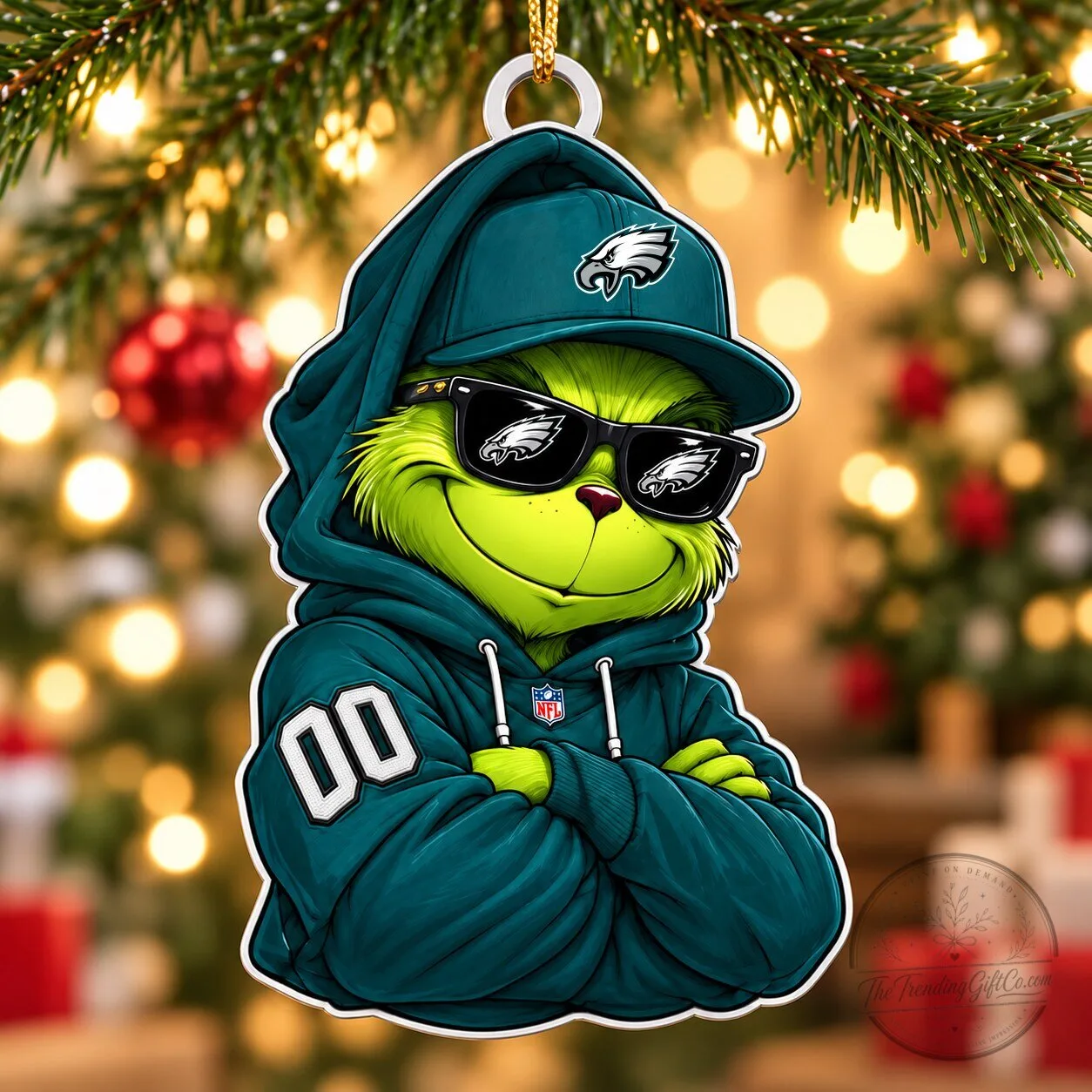Philadelphia Eagles Fan Grinch Christmas Tree Ornament with Custom Number