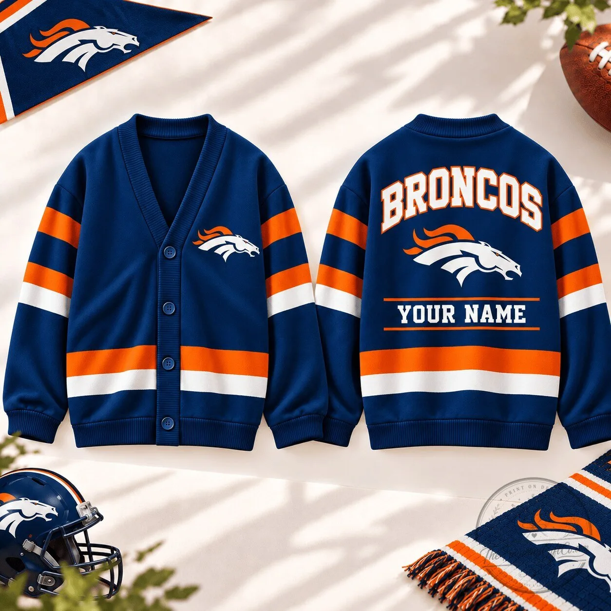 Denver Broncos Personalized Blue and Orange Striped Knitted Cardigan Sweater 1 Denver Broncos Personalized Blue and Orange Striped Knitted Cardigan Sweater