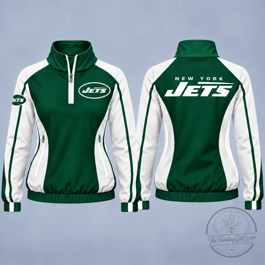 New York Jets National Football League Green and White Colorblock Quarter-Zip Jacket New York Jets National Football League Green and White Colorblock Quarter-Zip Jacket