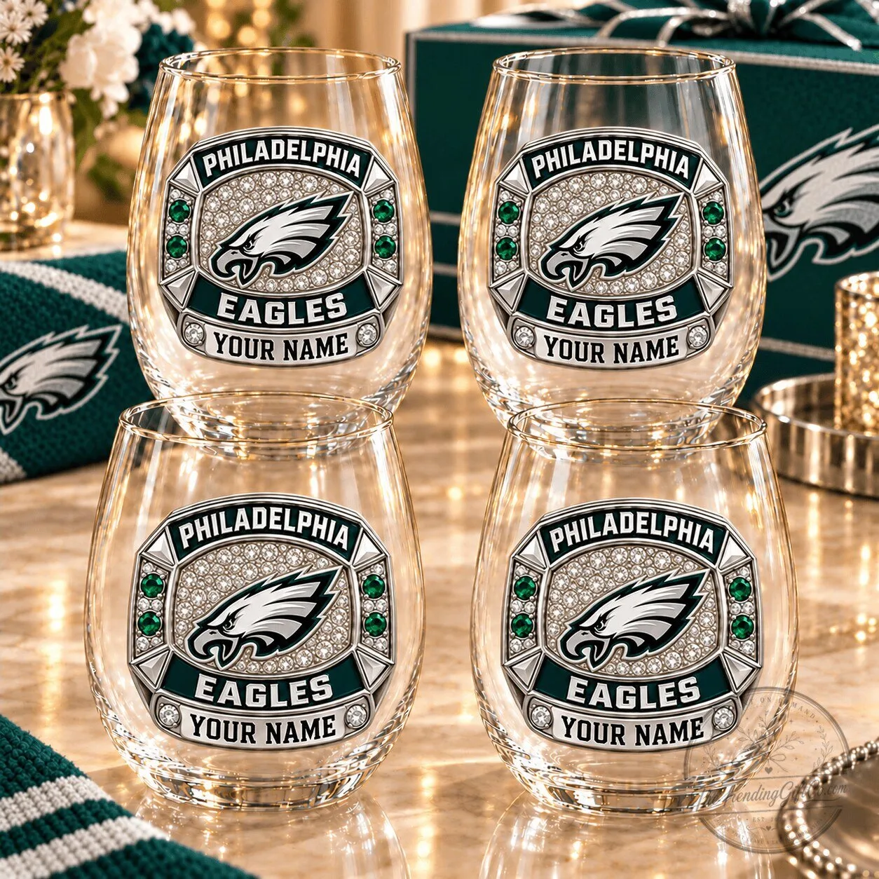 Philadelphia Eagles Custom Name Stemless Wine Glass Set