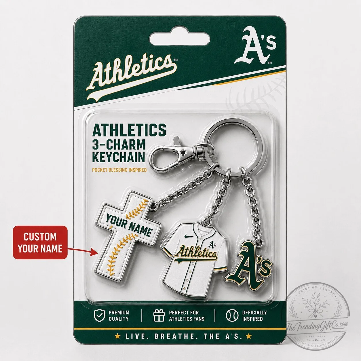 Oakland Athletics Baseball Team 3-Charm Keychain with Custom Name