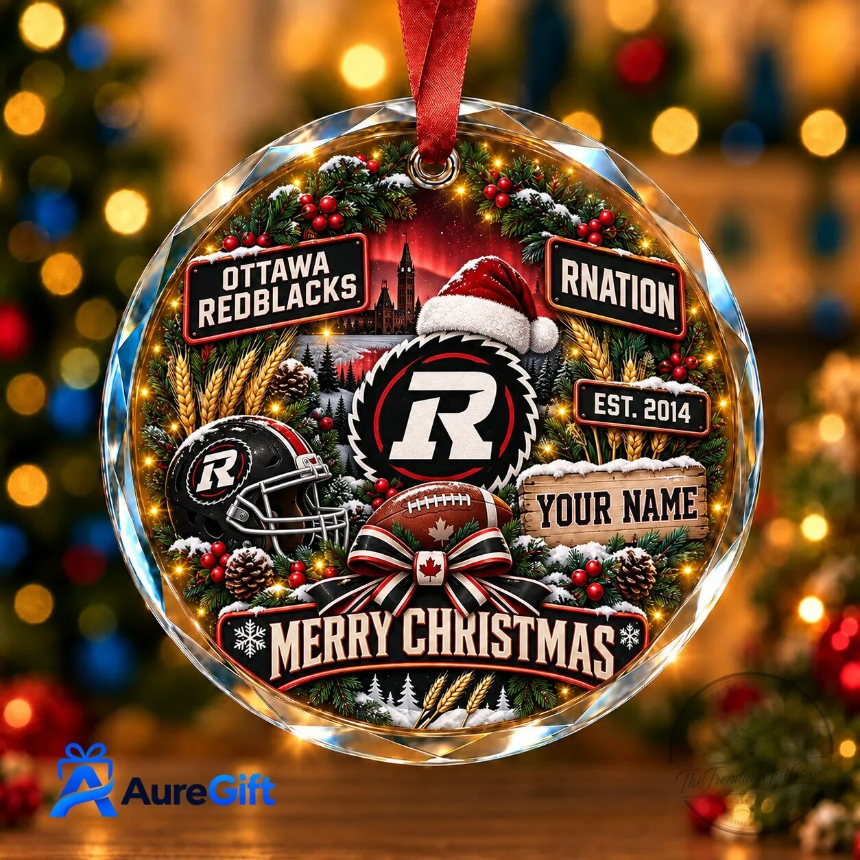Ottawa Redblacks Canadian Football League Christmas Personalized Glass Ornament