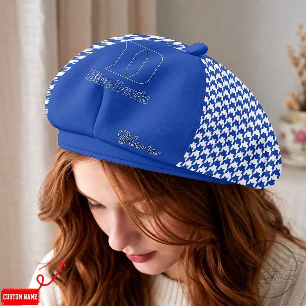 Duke Blue Devils Houndstooth Pattern Custom Name Beret Cap Hat Duke Blue Devils Houndstooth Pattern Custom Name Beret Cap Hat