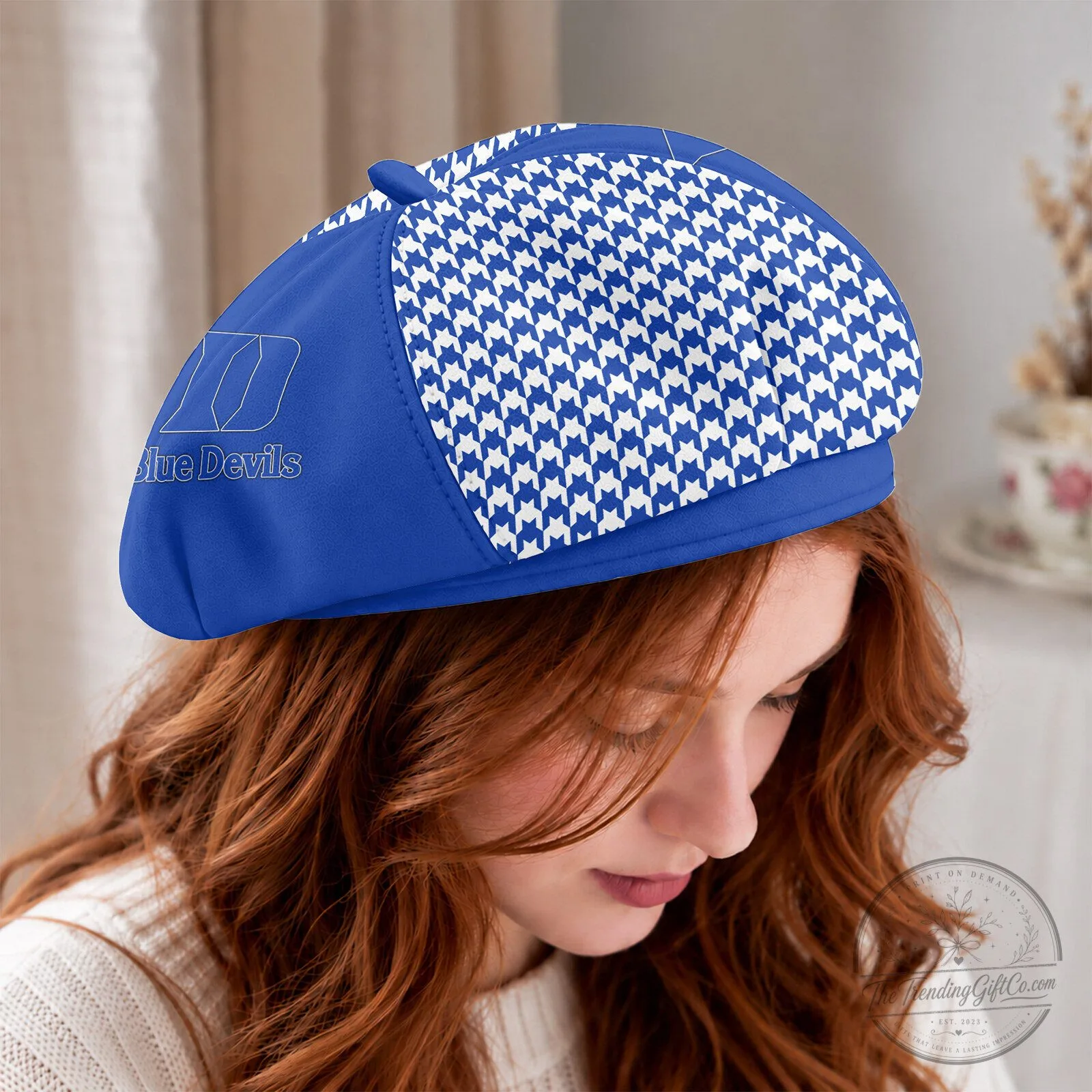 Duke Blue Devils Houndstooth Pattern Custom Name Beret Cap Hat 5 Duke Blue Devils Houndstooth Pattern Custom Name Beret Cap Hat