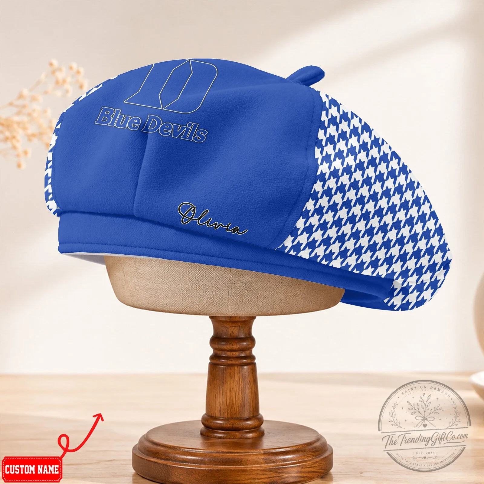 Duke Blue Devils Houndstooth Pattern Custom Name Beret Cap Hat 7 Duke Blue Devils Houndstooth Pattern Custom Name Beret Cap Hat