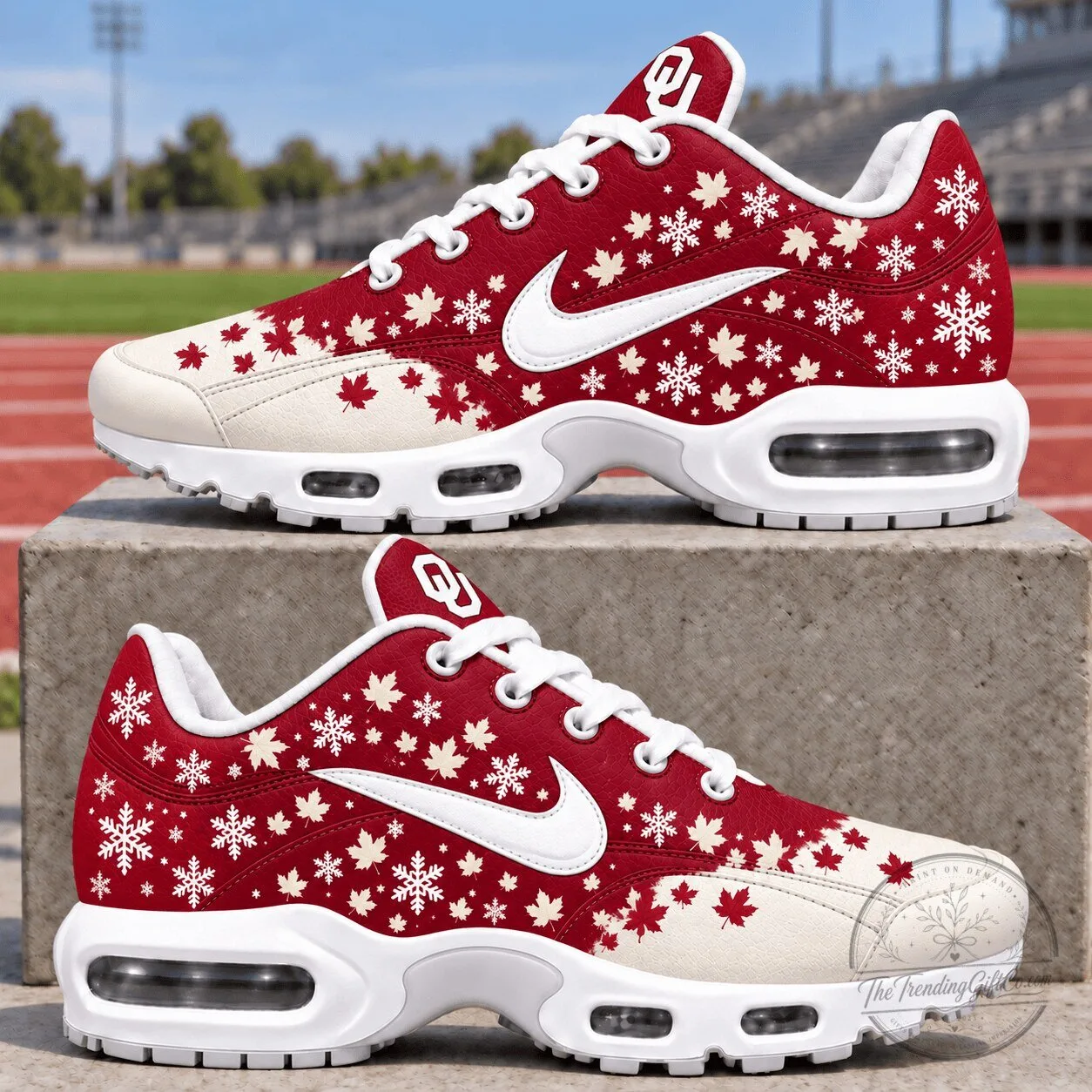 Oklahoma Sooners Fall Maple Leaf and Snowflake Pattern Sneakers 1 Oklahoma Sooners Fall Maple Leaf and Snowflake Pattern Sneakers