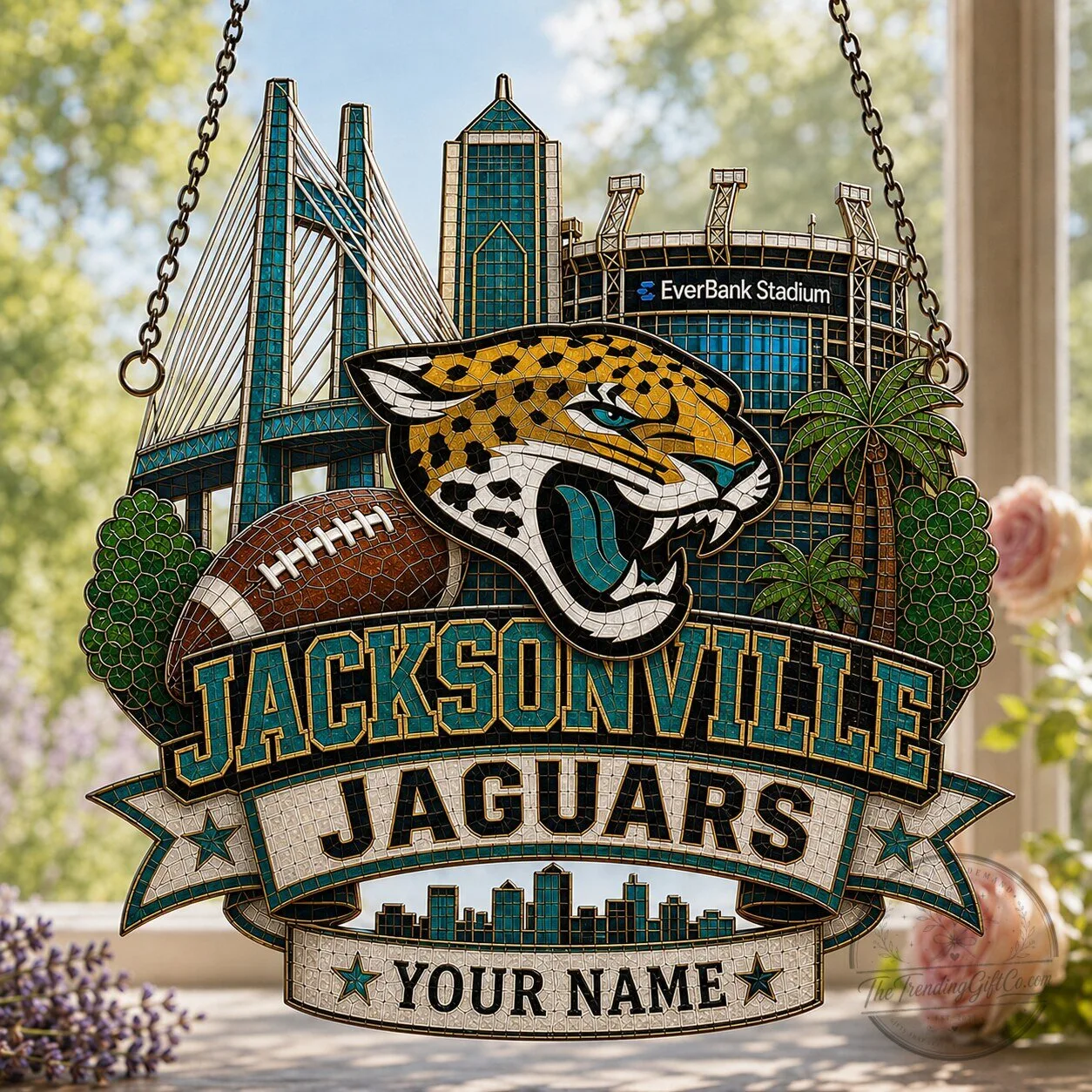 Jacksonville Jaguars NFL Stained Glass Suncatcher Window Hanging Personalized Gift