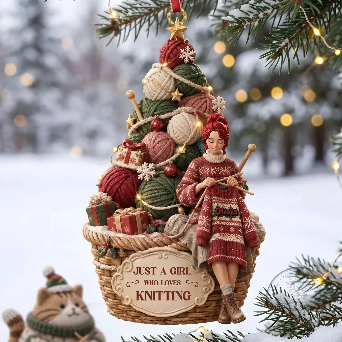 Knitting Girl Christmas Tree Basket Personalized Ornament
