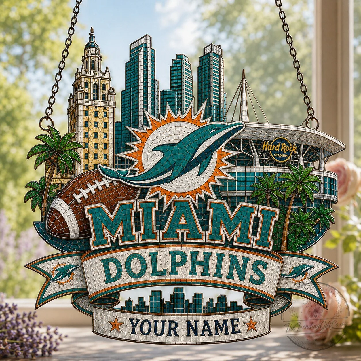 Miami Dolphins National Football League Stained Glass Suncatcher Window Hanging