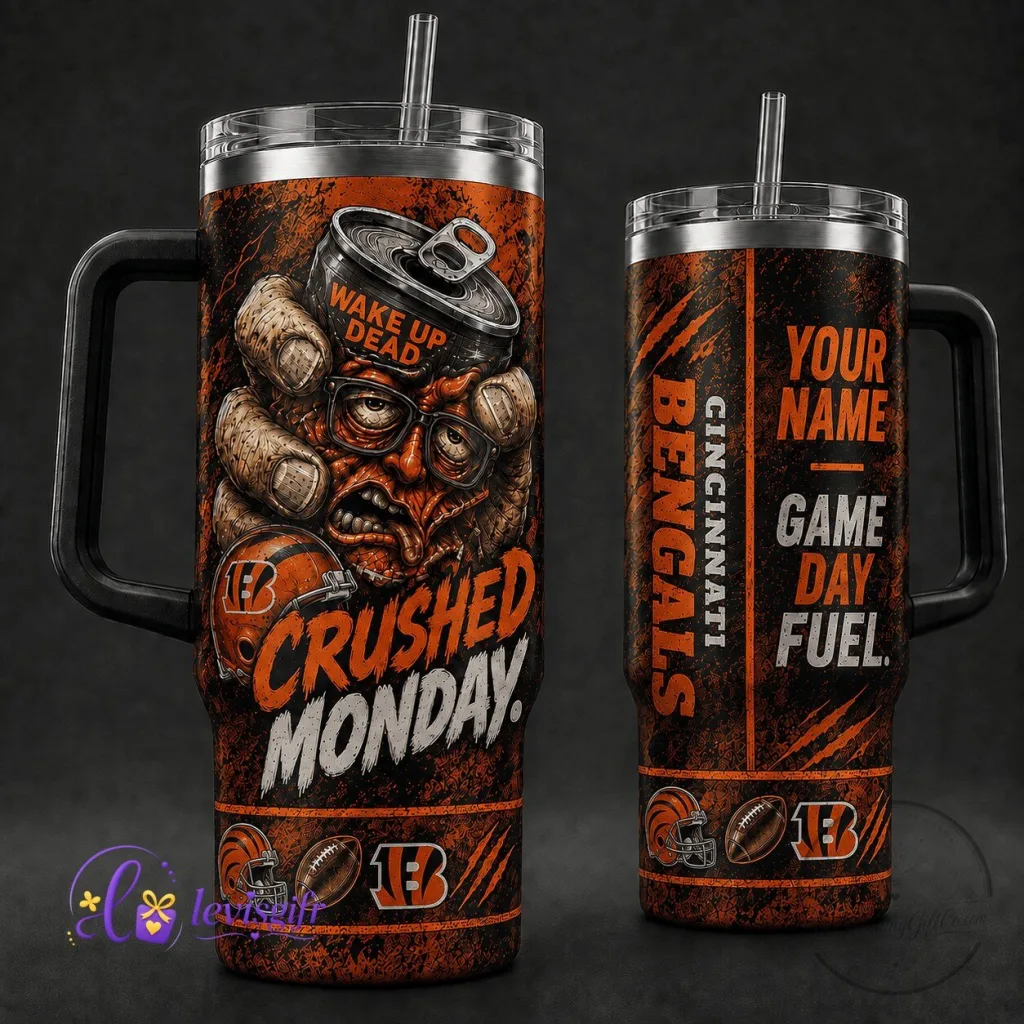 Cincinnati Bengals Crushed Monday Personalized Tumbler with Handle and Straw Cincinnati Bengals Crushed Monday Personalized Tumbler with Handle and Straw