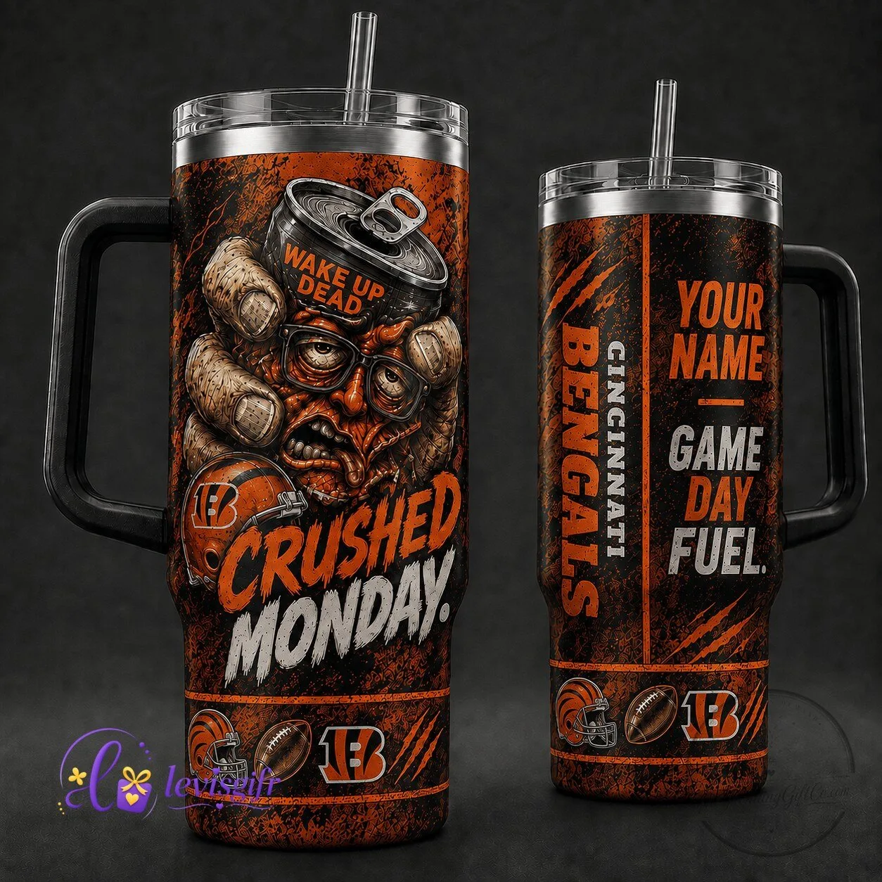 Cincinnati Bengals Crushed Monday Personalized Tumbler with Handle and Straw