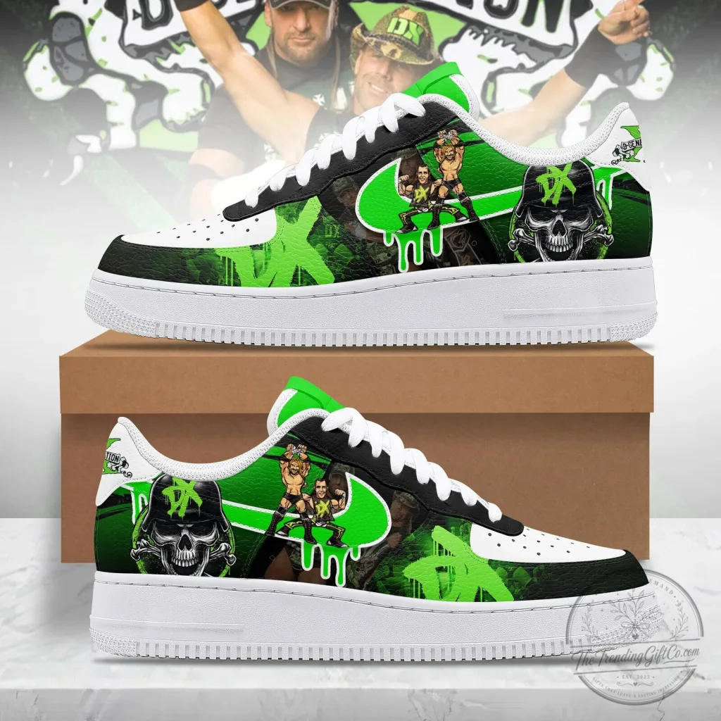 D-Generation X Skull Logo Custom Printed White and Green Athletic Sneakers D-Generation X Skull Logo Custom Printed White and Green Athletic Sneakers