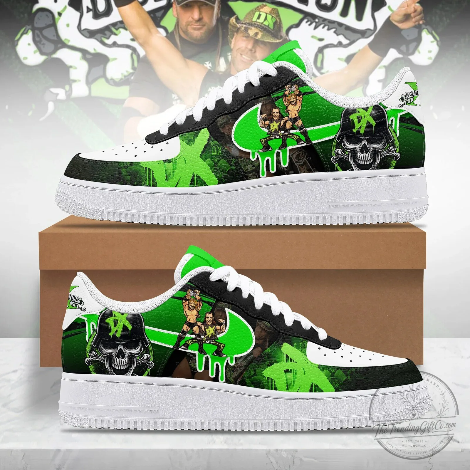 D-Generation X Skull Logo Custom Printed White and Green Athletic Sneakers 1 D-Generation X Skull Logo Custom Printed White and Green Athletic Sneakers