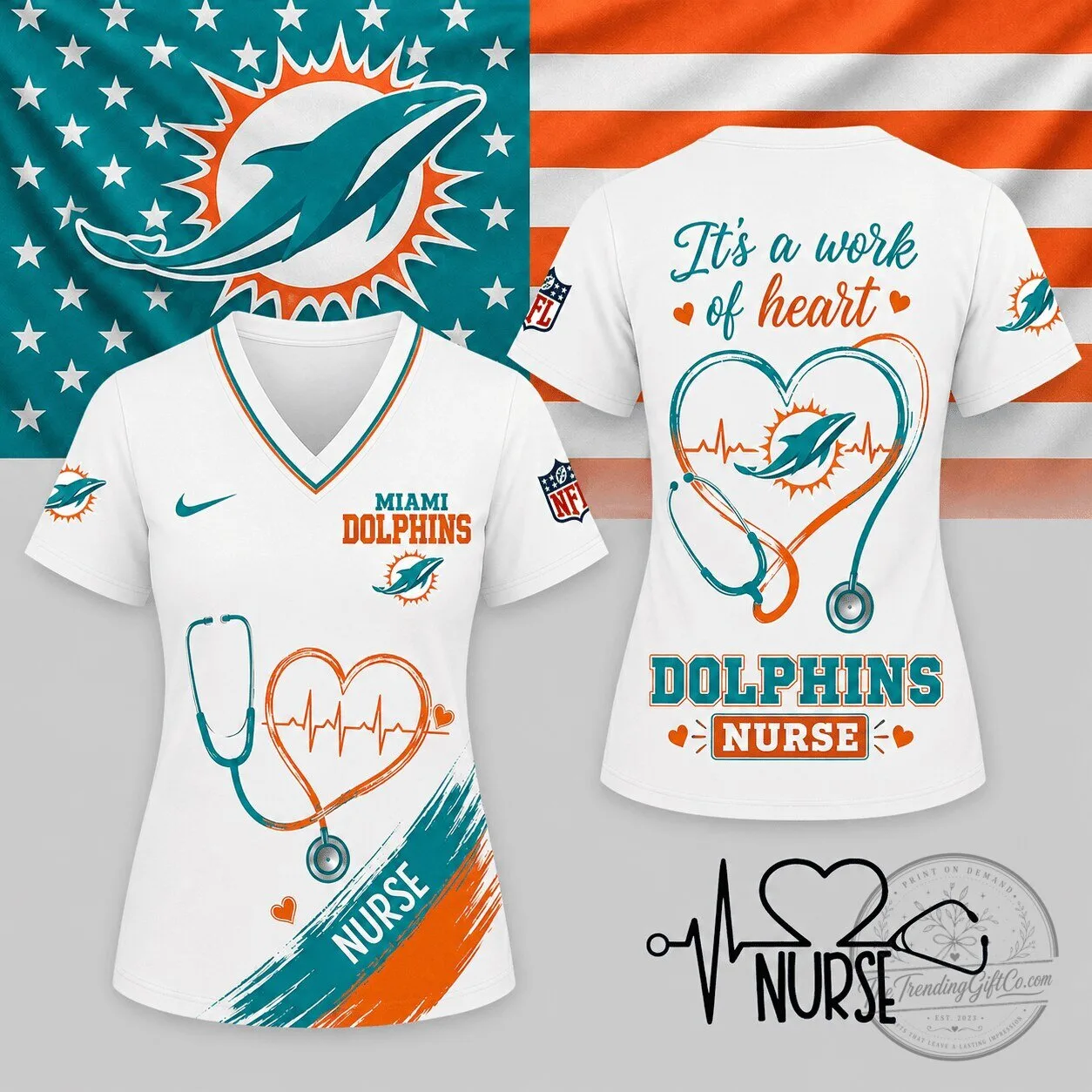 Miami Dolphins National Football League Nurse It's A Work Of Heart V-Neck T-Shirt 1 Miami Dolphins National Football League Nurse It