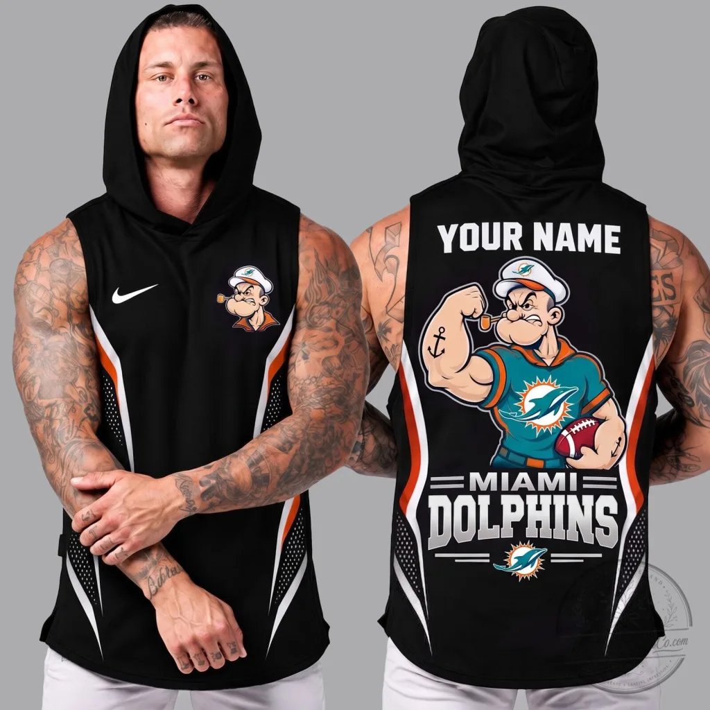 Miami Dolphins Popeye Muscle Man Sleeveless Hoodie Miami Dolphins Popeye Muscle Man Sleeveless Hoodie