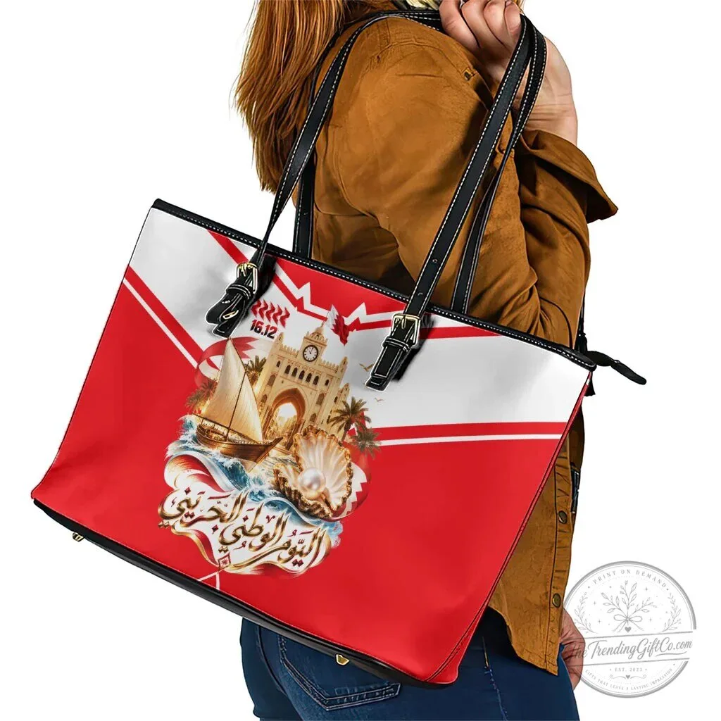 Bahrain National Day Cultural Flag Emblem Vintage Collage Leather Tote Bag 11 Bahrain National Day Cultural Flag Emblem Vintage Collage Leather Tote Bag