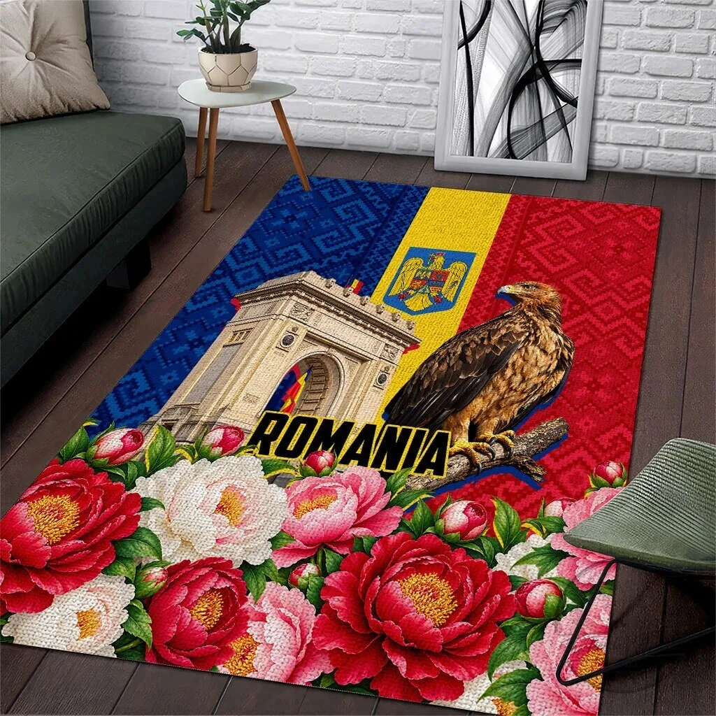 Romania Flag Eagle and Arcul de Triumf Floral Peony Pattern Area Rug