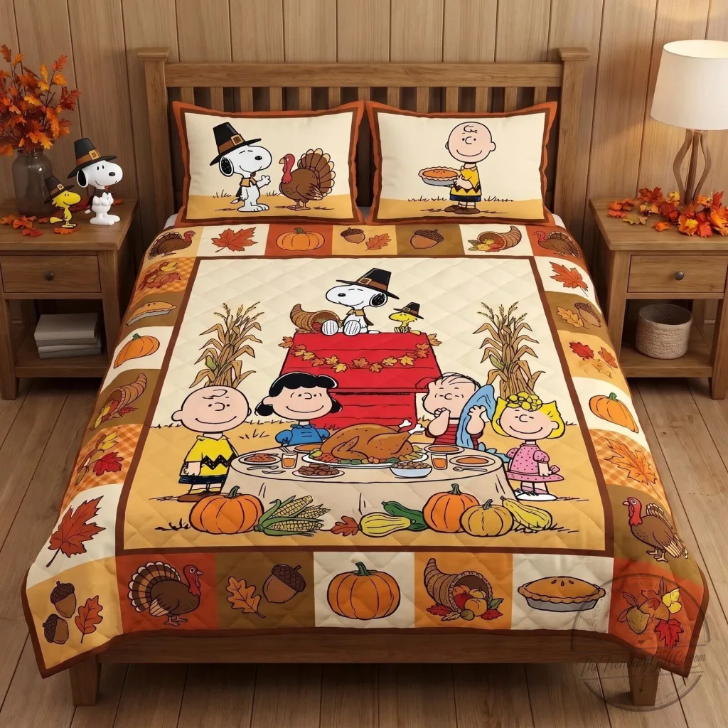 Snoopy and Friends Thanksgiving Dinner Quilted Bedding Set Snoopy and Friends Thanksgiving Dinner Quilted Bedding Set