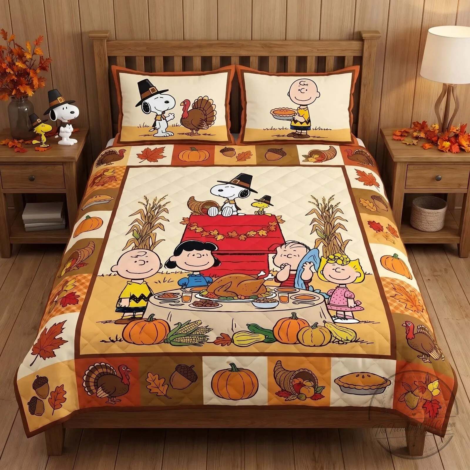 Snoopy and Friends Thanksgiving Dinner Quilted Bedding Set 1 Snoopy and Friends Thanksgiving Dinner Quilted Bedding Set