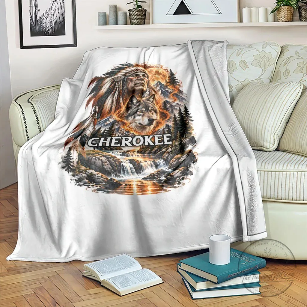 Cherokee Native American Chief Wolf Waterfall Fiery Moon Blanket