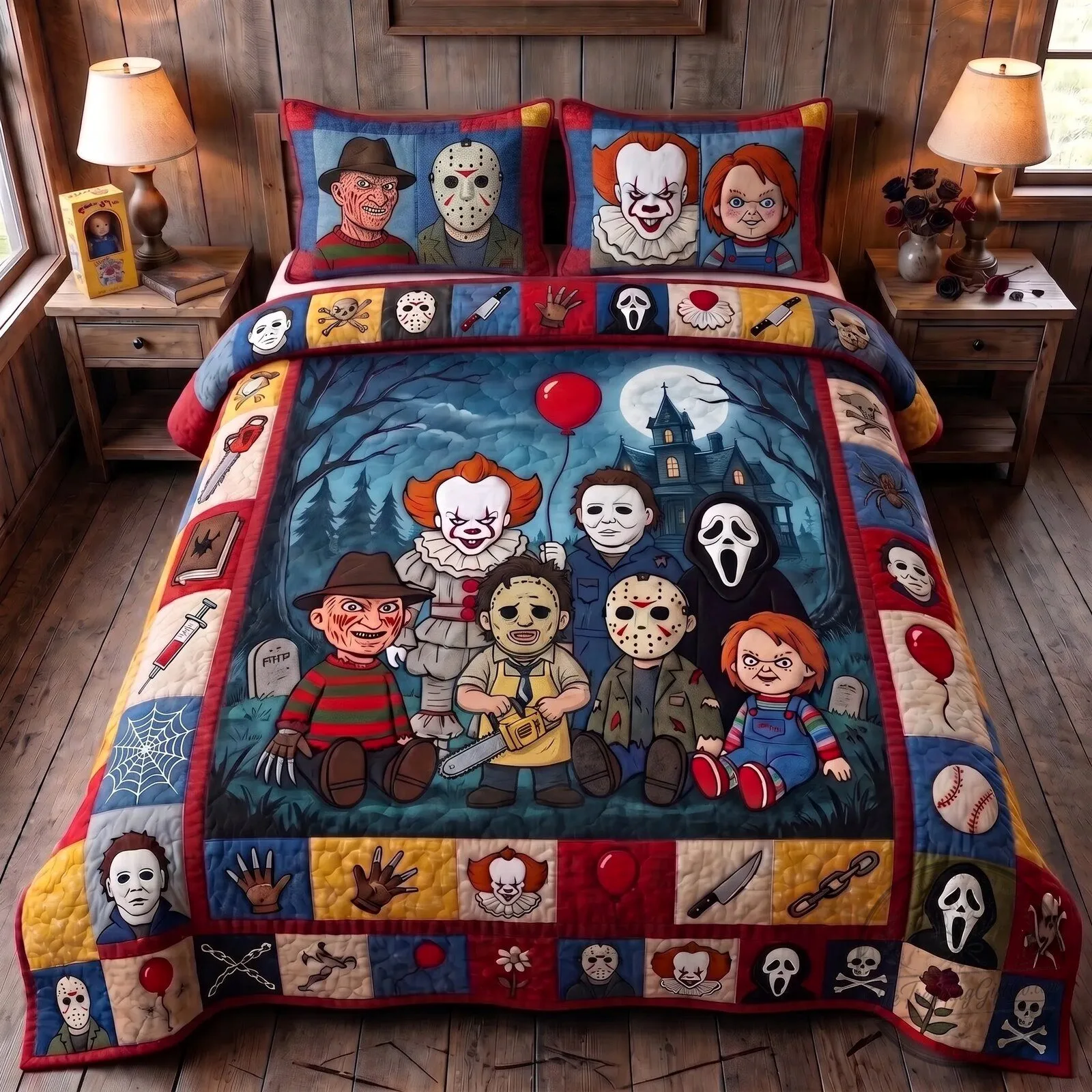 Horror Movie Slasher Squad Halloween Quilt Bedding Set with Pillow Shams