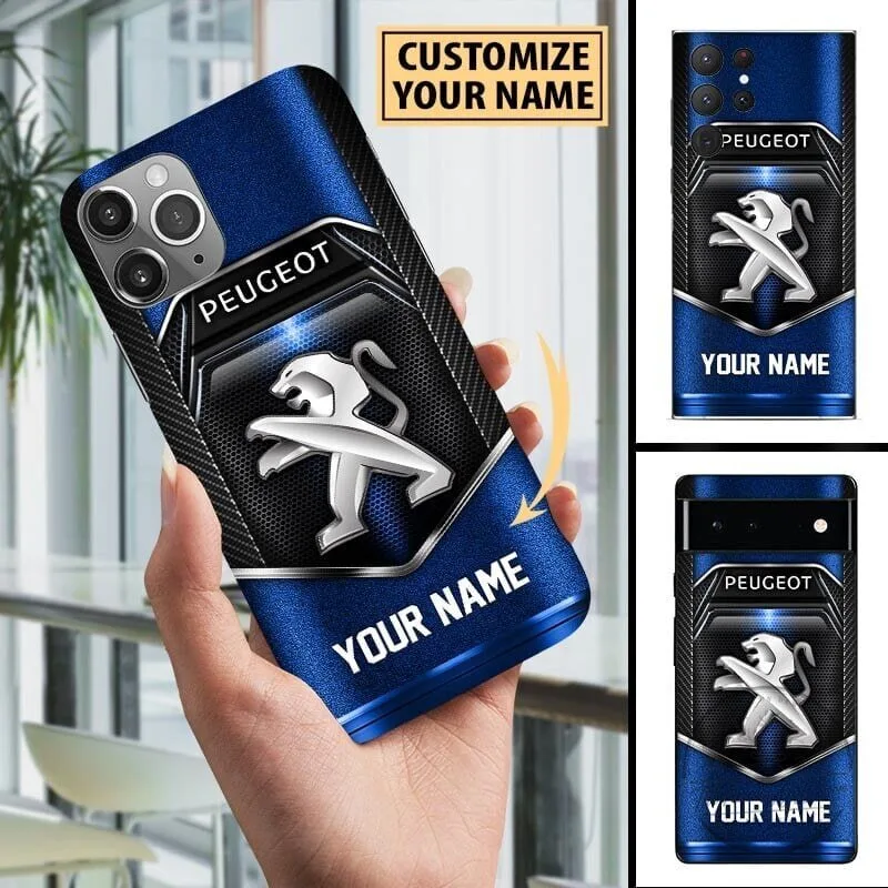 Peugeot Car Logo Custom Name Blue Carbon Fiber Phone Case