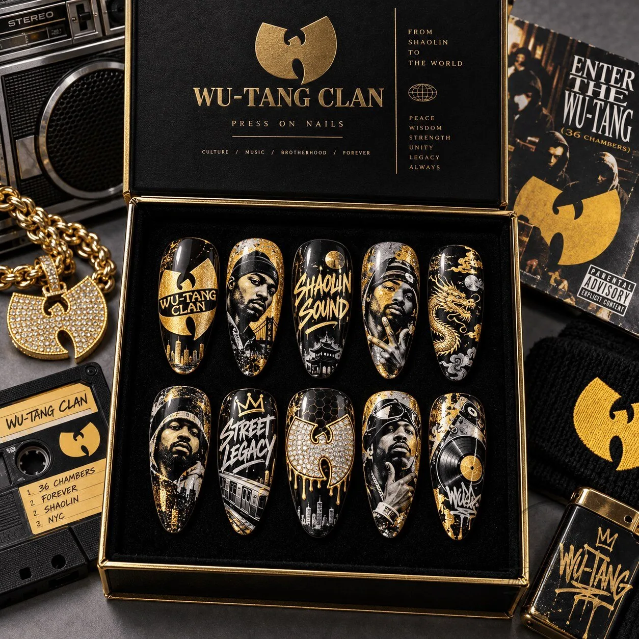 Wu-Tang Clan Hip Hop Music Album Art Black and Gold Press-On Nails Set